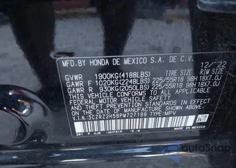 2023 Honda Hr-V Awd Sport из США, поврежденный, VIN 3CZRZ2H58PM727199